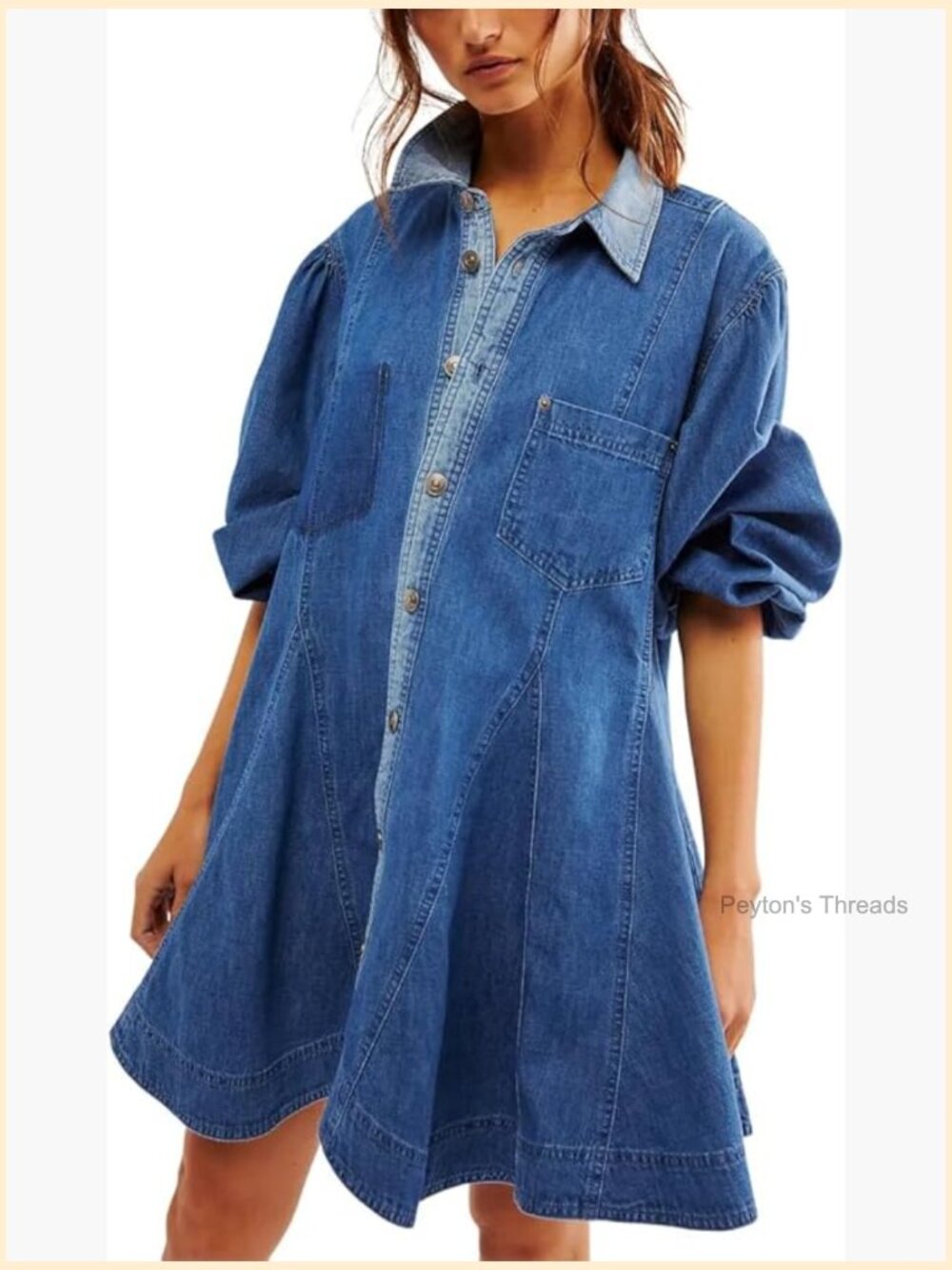 Long Sleeve Button Down Denim Dress A Line Swing Ruffle Midi Dress with Pockets - Picture 1 of 5